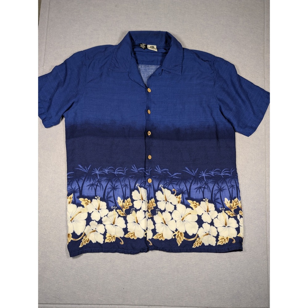 Kennington Shirt Mens XL Blue Vintage Rayon Hibiscus Floral Hawaiian Excellent
